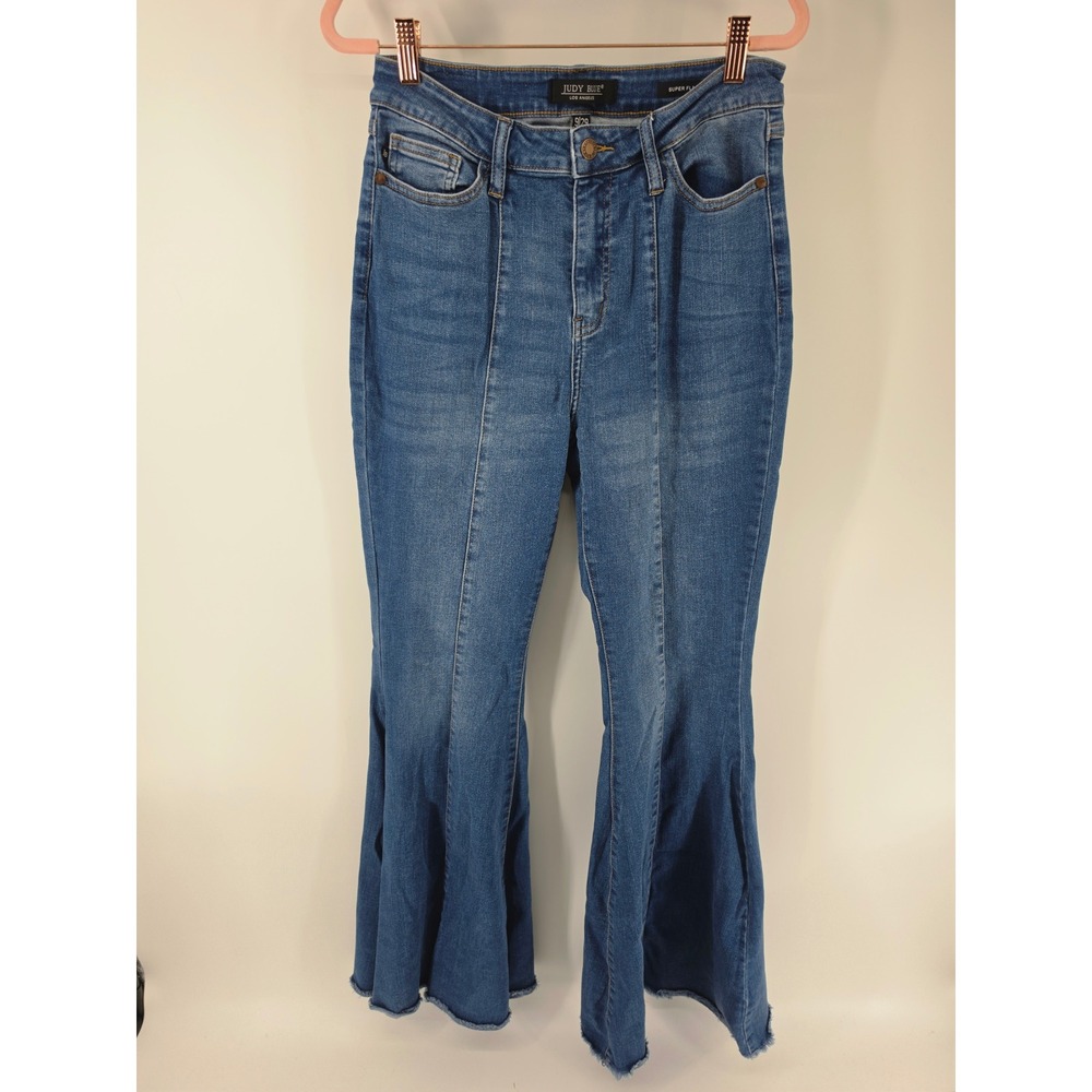Judy Blue Super Flare High Waist Seam Detail Raw Hem Jeans Medium Wash 9/29